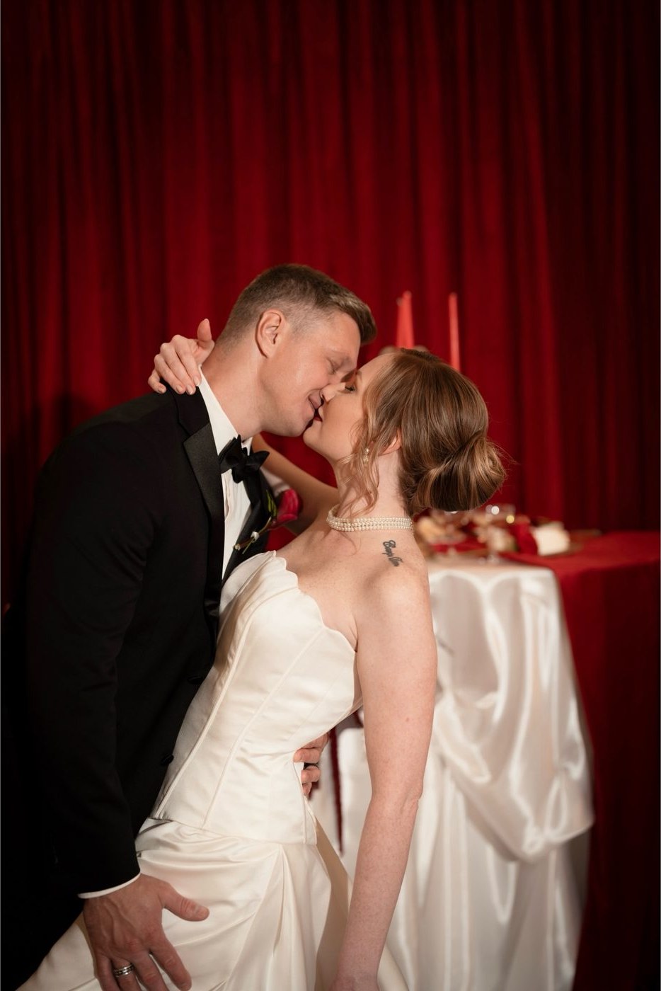A bride in her wedding gown on the evening of her wedding